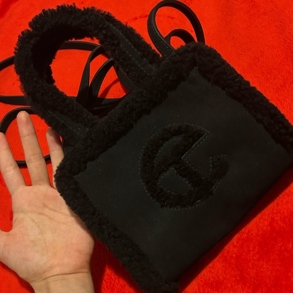 UGG Telfar Black Shearling Small Tote Bag with Embossed Logo